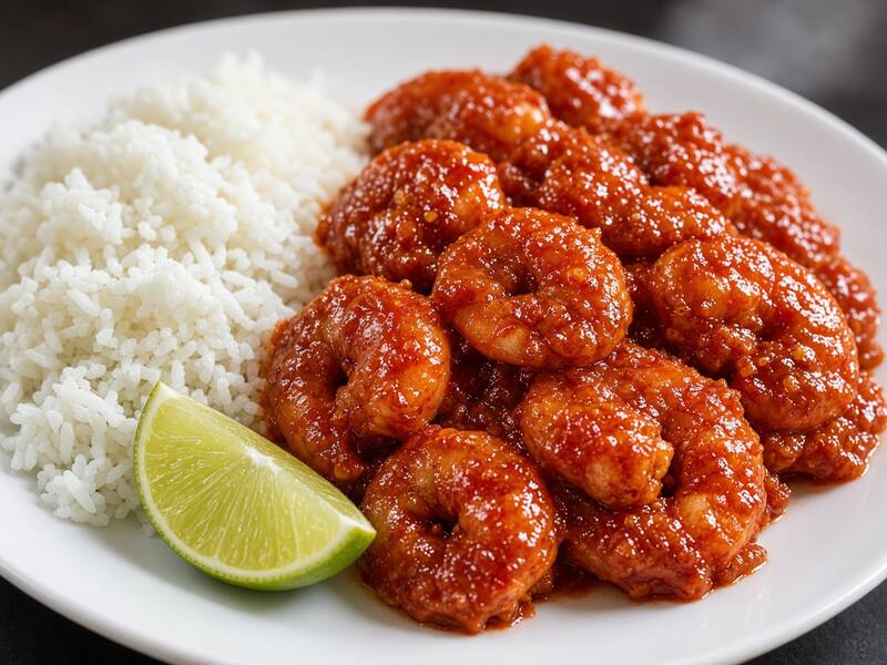 Camarones a la Diabla con Arroz Blanco