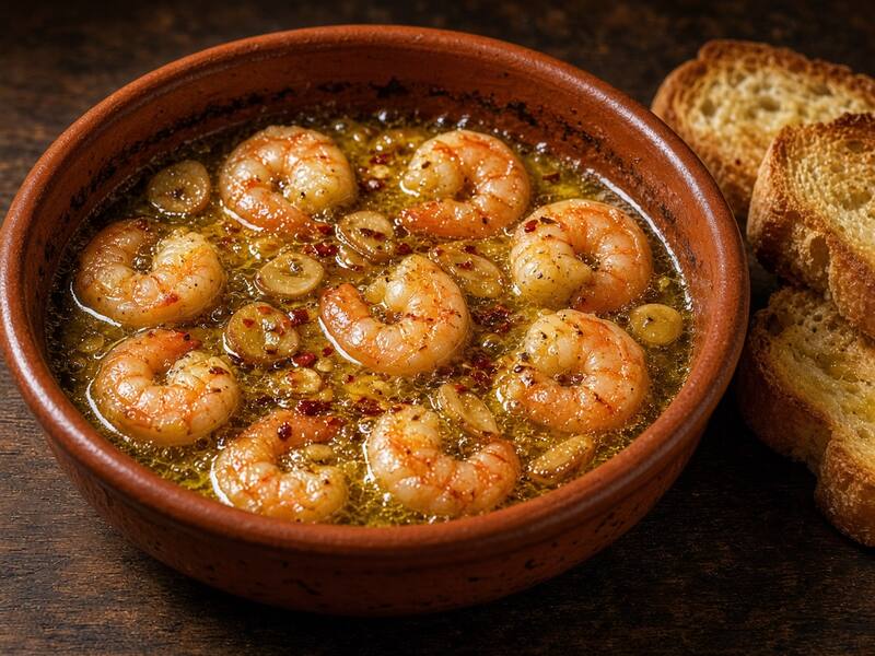 Camarones al Ajillo con Pan Tostado