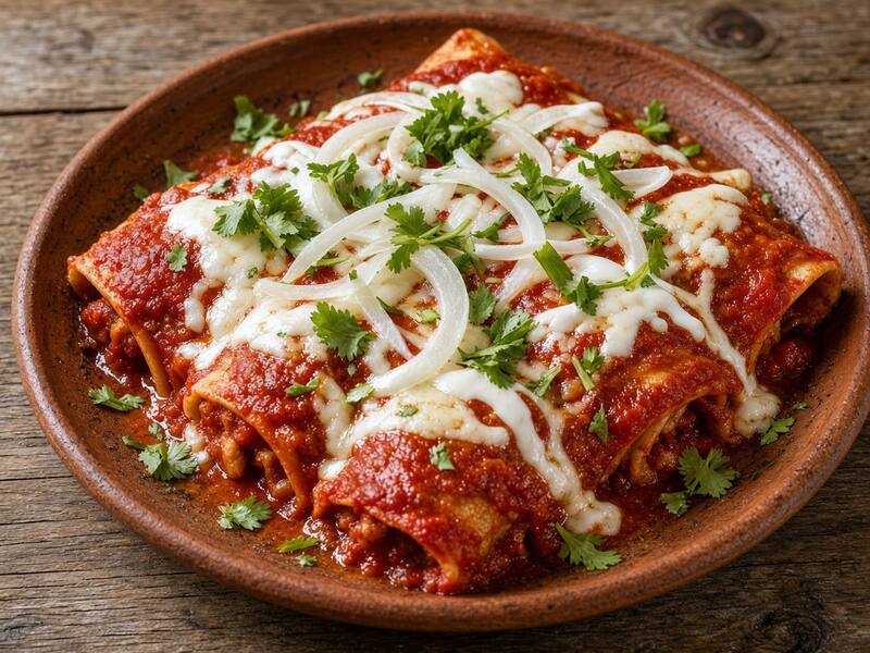 Enchiladas Rojas de Queso con Cebolla Curtida