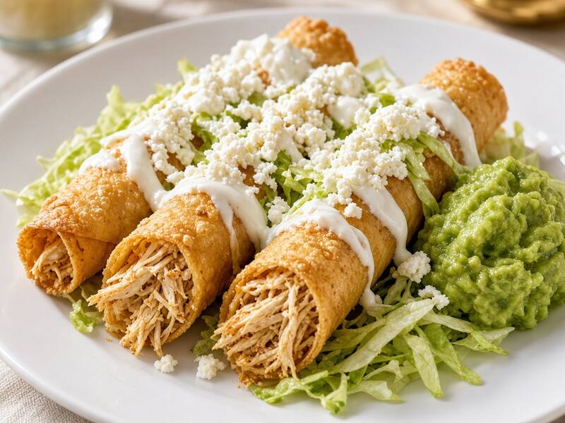 Flautas Doradas de Pollo con Crema y Guacamole