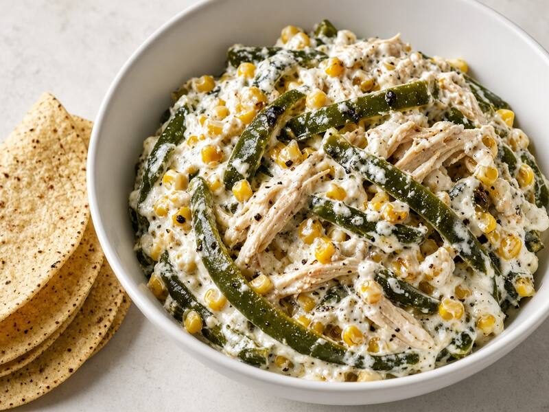 Rajas con Crema, Elote y Pollo Deshebrado