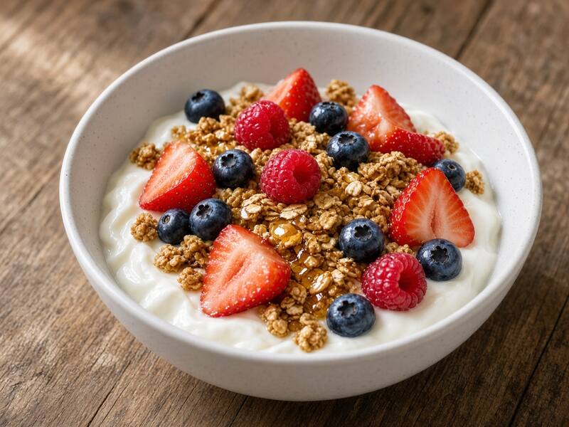 Yogur Natural con Granola Casera y Frutos Rojos